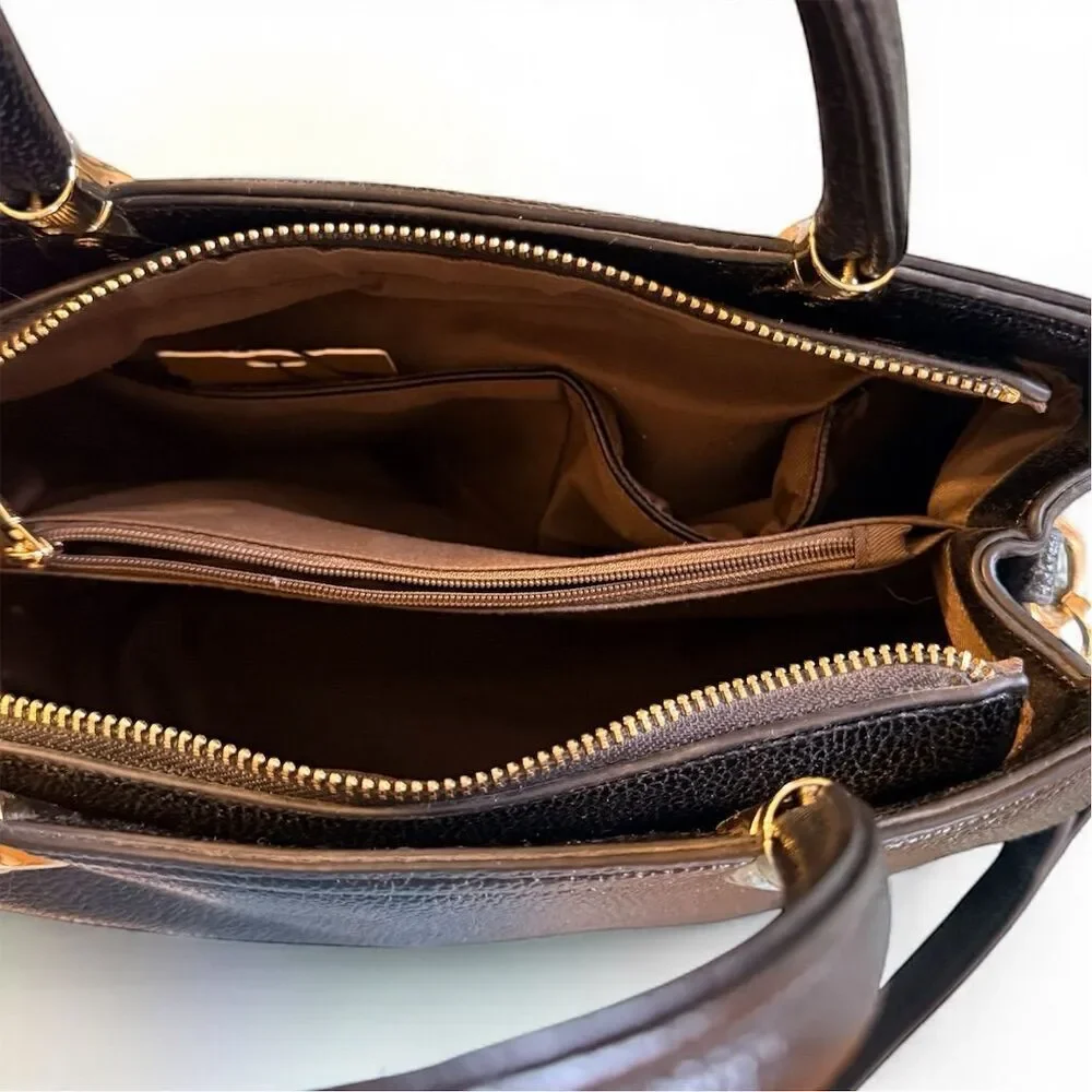 Huada Structured Black Vegan Leather Satchel Handbag Gold Hardware Crossbody